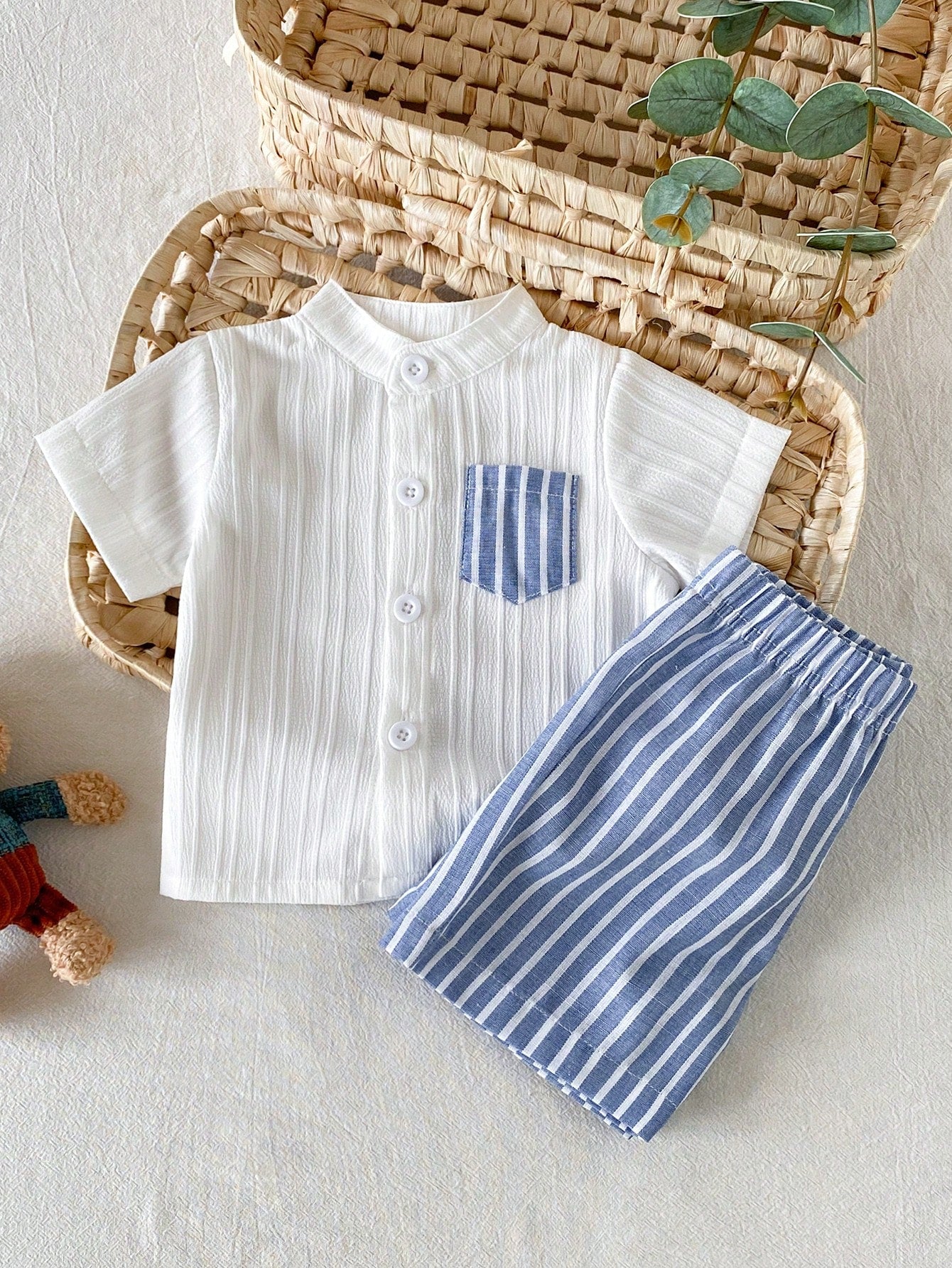 Newborn Baby Boy Gentleman Style Short Sleeve Outfit, Minimalist Artistic Casual Summer Wear For Infants