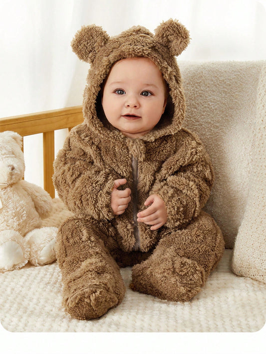 Newborn Baby Boy/Girl Cute Cartoon Print Fleece Hooded Footie Jumpsuit Suitable For Autumn & Winter, Indoor & Outdoor