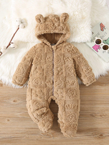 Newborn Baby Boy/Girl Cute Cartoon Print Fleece Hooded Footie Jumpsuit Suitable For Autumn & Winter, Indoor & Outdoor