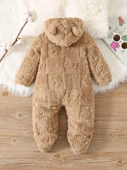 Newborn Baby Boy/Girl Cute Cartoon Print Fleece Hooded Footie Jumpsuit Suitable For Autumn & Winter, Indoor & Outdoor