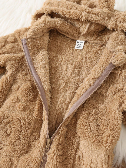 Newborn Baby Boy/Girl Cute Cartoon Print Fleece Hooded Footie Jumpsuit Suitable For Autumn & Winter, Indoor & Outdoor