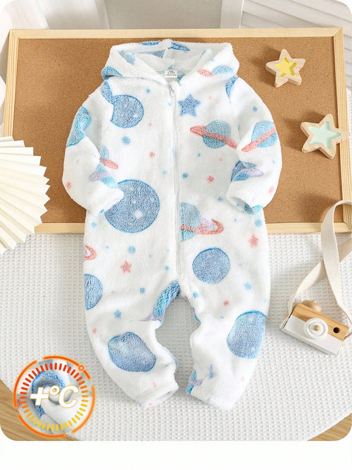 Newborn Baby Boy/Girl Cute Cartoon Star Pattern Fluffy Hooded Long Sleeve Jumpsuit, Suitable For Autumn/Winter Outings And Home Wear
