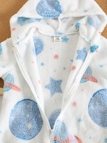 Newborn Baby Boy/Girl Cute Cartoon Star Pattern Fluffy Hooded Long Sleeve Jumpsuit, Suitable For Autumn/Winter Outings And Home Wear