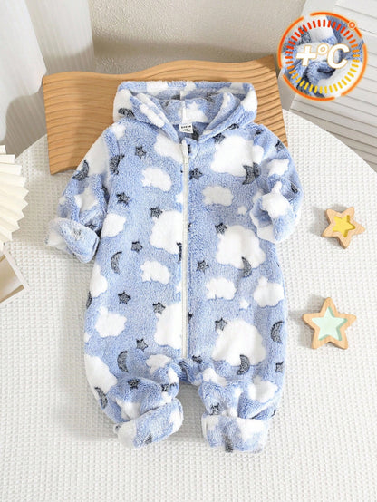 Newborn Baby Boy/Girl Cute Cartoon Star Pattern Fluffy Hooded Long Sleeve Jumpsuit, Suitable For Autumn/Winter Outings And Home Wear