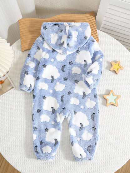 Newborn Baby Boy/Girl Cute Cartoon Star Pattern Fluffy Hooded Long Sleeve Jumpsuit, Suitable For Autumn/Winter Outings And Home Wear