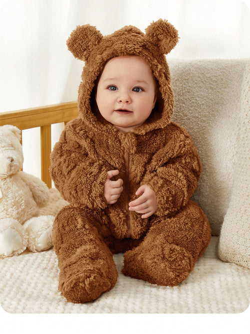 Newborn Baby Boy/Girl Fluffy Hooded Footed Autumn Jumpsuit,Brown,Winter,Cute Modest, Matching Cute Cartoon Pattern Thermal Lined Teddy Bear Outfit