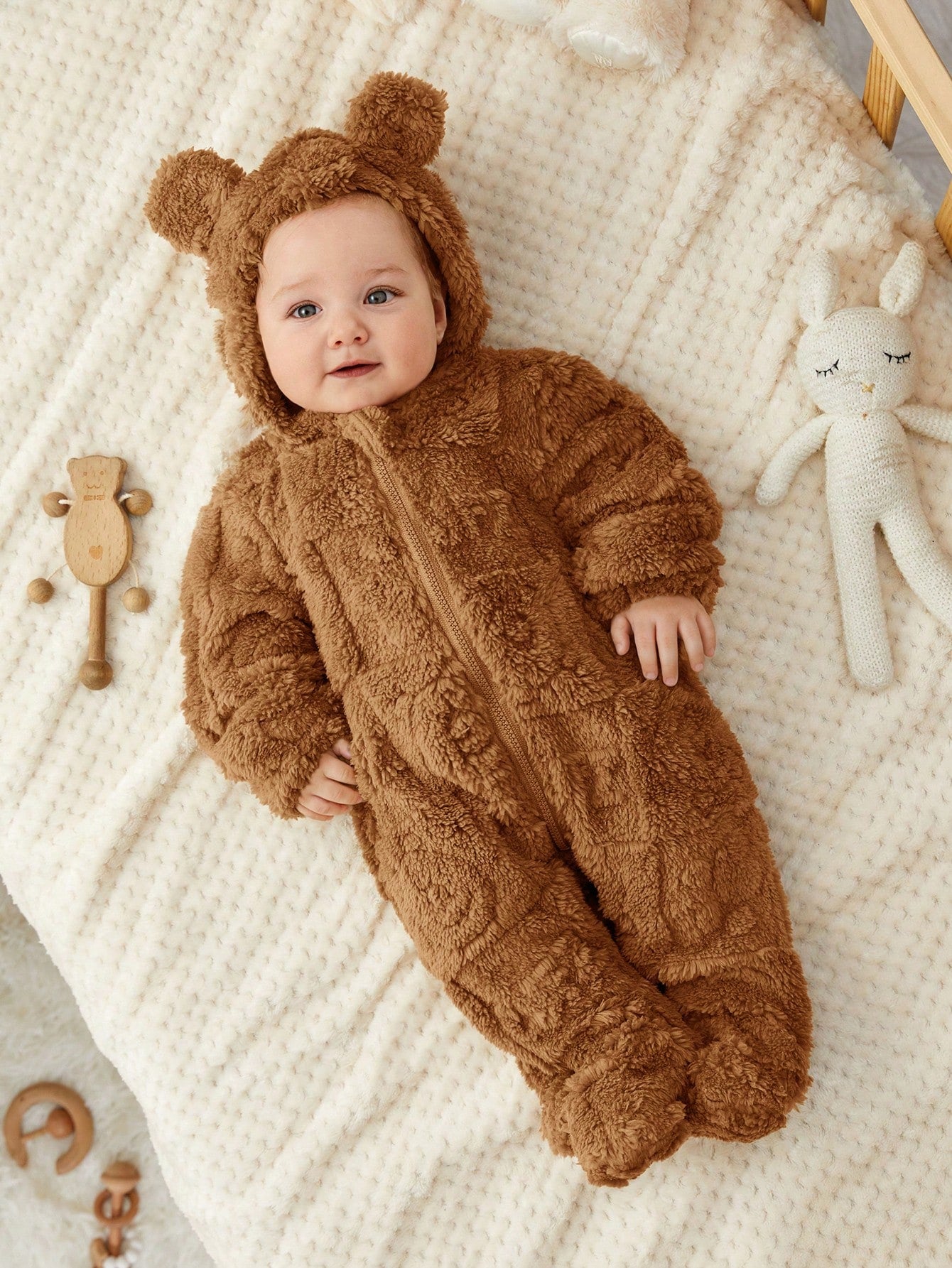 Newborn Baby Boy/Girl Fluffy Hooded Footed Autumn Jumpsuit,Brown,Winter,Cute Modest, Matching Cute Cartoon Pattern Thermal Lined Teddy Bear Outfit