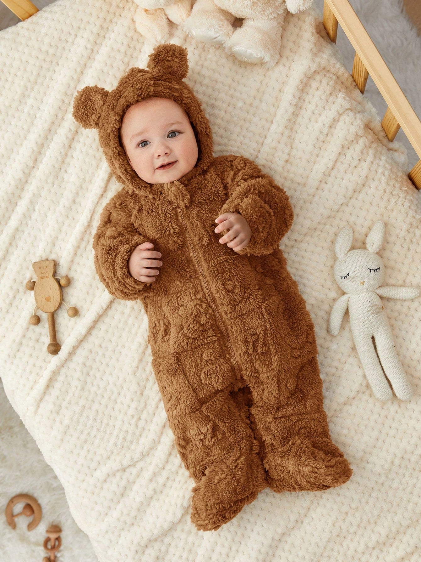 Newborn Baby Boy/Girl Fluffy Hooded Footed Autumn Jumpsuit,Brown,Winter,Cute Modest, Matching Cute Cartoon Pattern Thermal Lined Teddy Bear Outfit