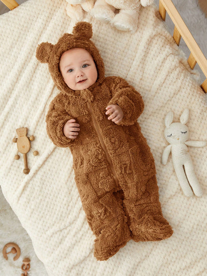 Newborn Baby Boy/Girl Fluffy Hooded Footed Autumn Jumpsuit,Brown,Winter,Cute Modest, Matching Cute Cartoon Pattern Thermal Lined Teddy Bear Outfit