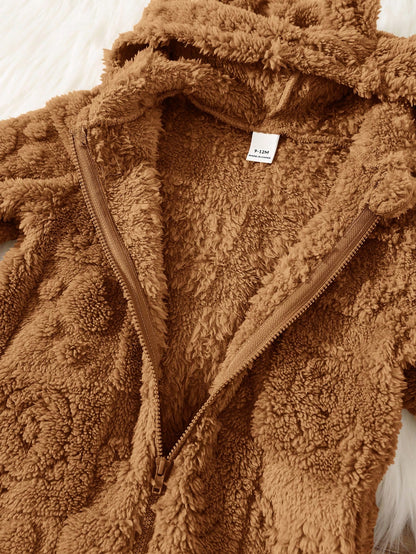 Newborn Baby Boy/Girl Fluffy Hooded Footed Autumn Jumpsuit,Brown,Winter,Cute Modest, Matching Cute Cartoon Pattern Thermal Lined Teddy Bear Outfit