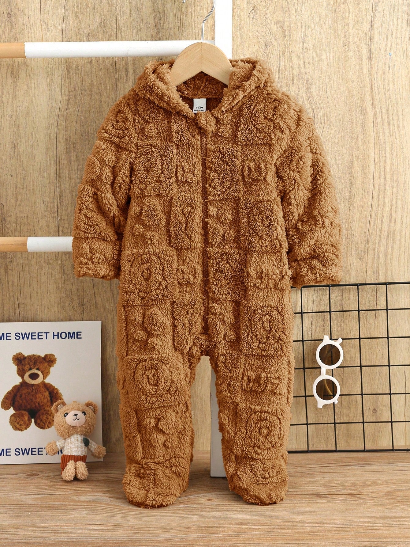 Newborn Baby Boy/Girl Fluffy Hooded Footed Autumn Jumpsuit,Brown,Winter,Cute Modest, Matching Cute Cartoon Pattern Thermal Lined Teddy Bear Outfit