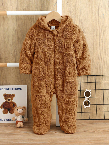 Newborn Baby Boy/Girl Fluffy Hooded Footed Autumn Jumpsuit,Brown,Winter,Cute Modest, Matching Cute Cartoon Pattern Thermal Lined Teddy Bear Outfit