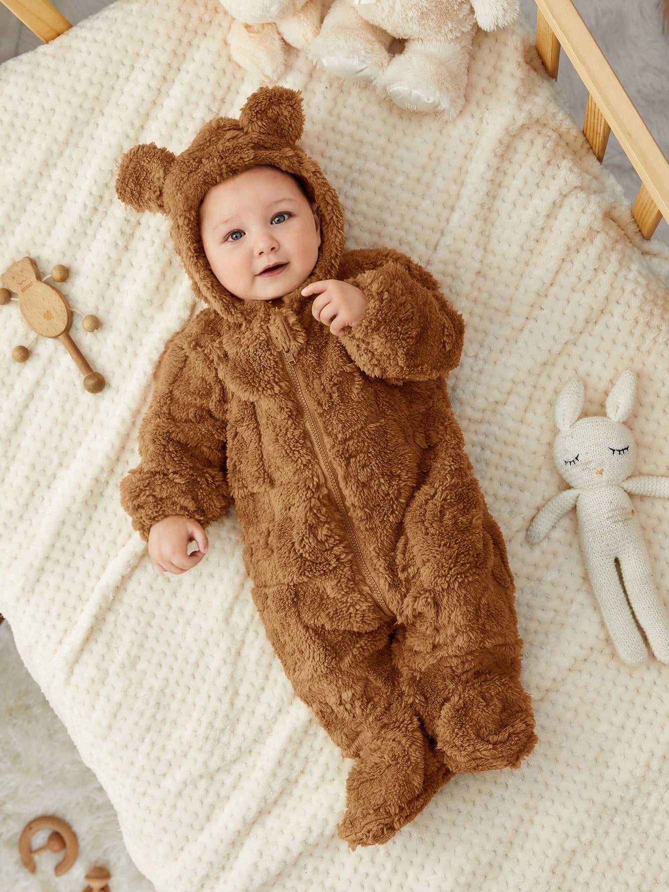 Newborn Baby Boy/Girl Fluffy Hooded Footed Autumn Jumpsuit,Brown,Winter,Cute Modest, Matching Cute Cartoon Pattern Thermal Lined Teddy Bear Outfit