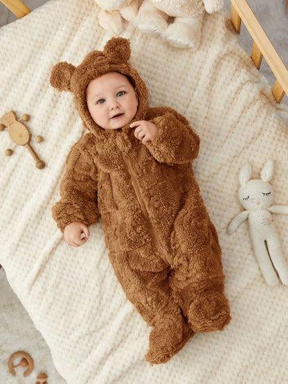 Newborn Baby Boy/Girl Fluffy Hooded Footed Autumn Jumpsuit,Brown,Winter,Cute Modest, Matching Cute Cartoon Pattern Thermal Lined Teddy Bear Outfit
