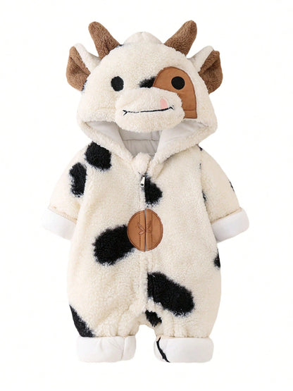 Newborn Baby Boy Girl Winter Outfit Hooded Jumpsuit Infant One Piece Romper Baby Warm Snowsuit Clothes Gifts Set Cute Cow Outfit