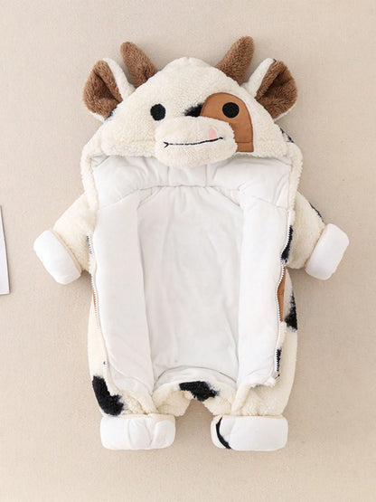 Newborn Baby Boy Girl Winter Outfit Hooded Jumpsuit Infant One Piece Romper Baby Warm Snowsuit Clothes Gifts Set Cute Cow Outfit