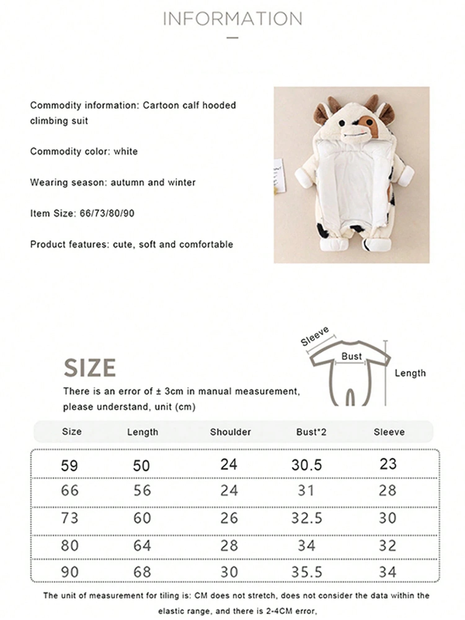 Newborn Baby Boy Girl Winter Outfit Hooded Jumpsuit Infant One Piece Romper Baby Warm Snowsuit Clothes Gifts Set Cute Cow Outfit