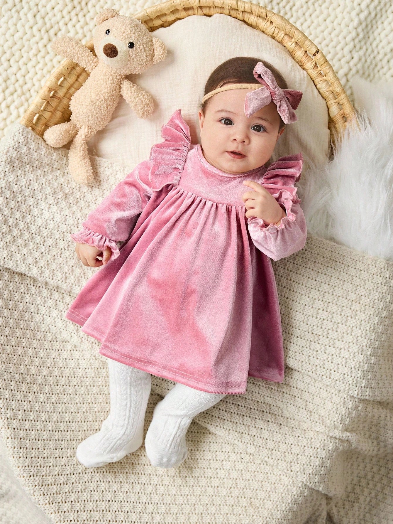 Newborn Baby Girl Elegant Cute Dusty Pink Velvet Ruffle Trim Long Sleeve Dress,Fall Winter Spring Baby Dress For Party Cruise