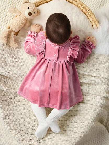 Newborn Baby Girl Elegant Cute Dusty Pink Velvet Ruffle Trim Long Sleeve Dress,Fall Winter Spring Baby Dress For Party Cruise