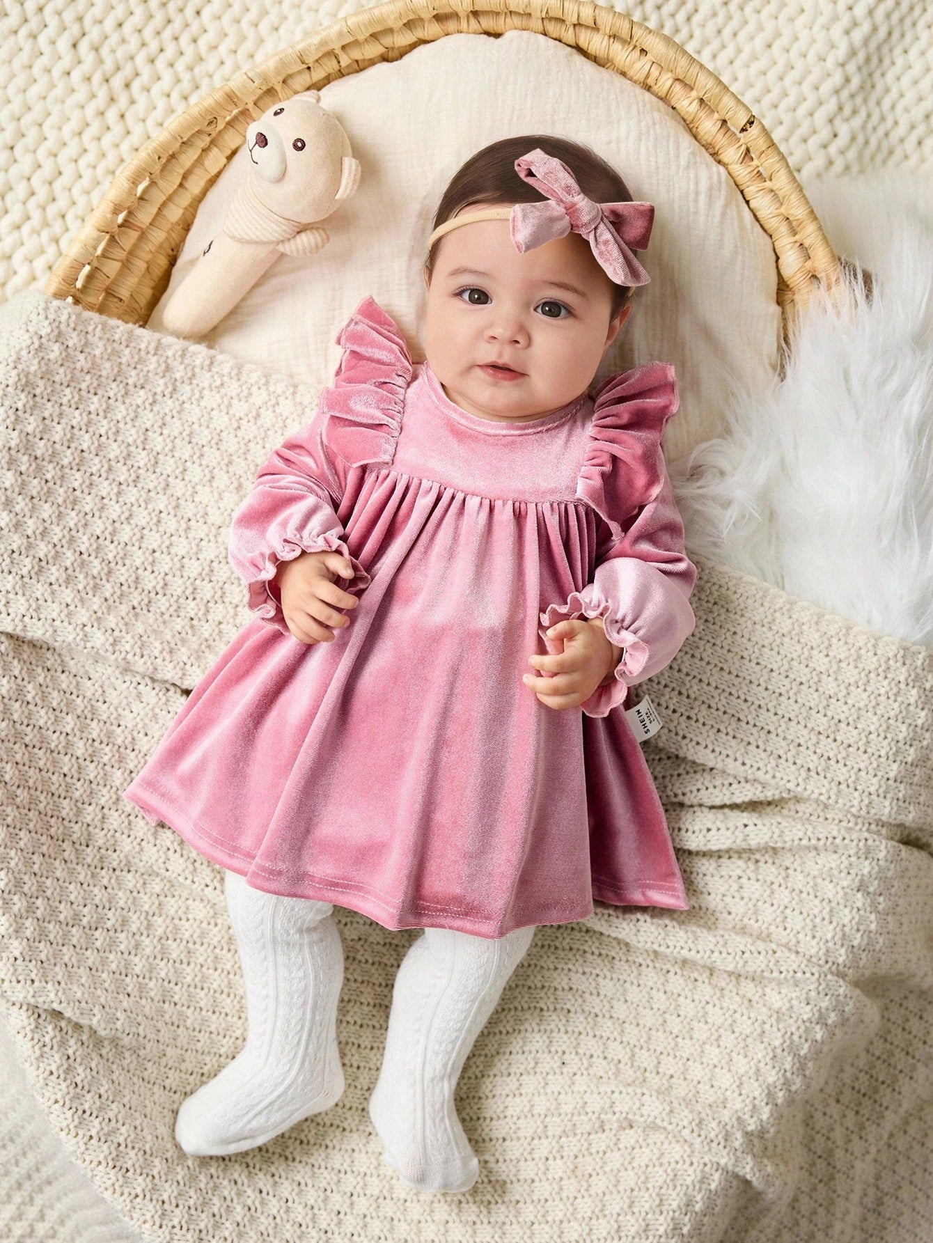 Newborn Baby Girl Elegant Cute Dusty Pink Velvet Ruffle Trim Long Sleeve Dress,Fall Winter Spring Baby Dress For Party Cruise