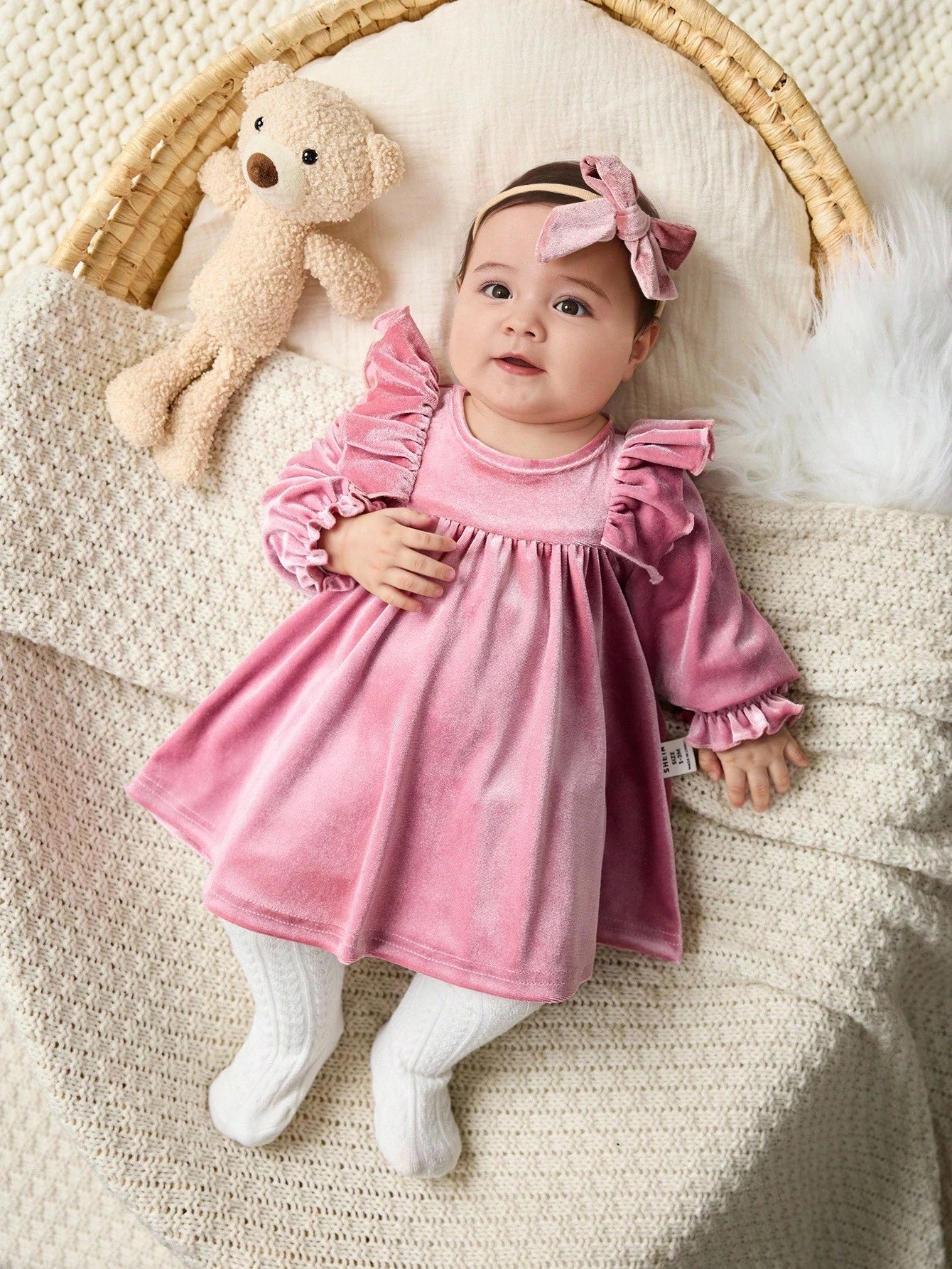 Newborn Baby Girl Elegant Cute Dusty Pink Velvet Ruffle Trim Long Sleeve Dress,Fall Winter Spring Baby Dress For Party Cruise