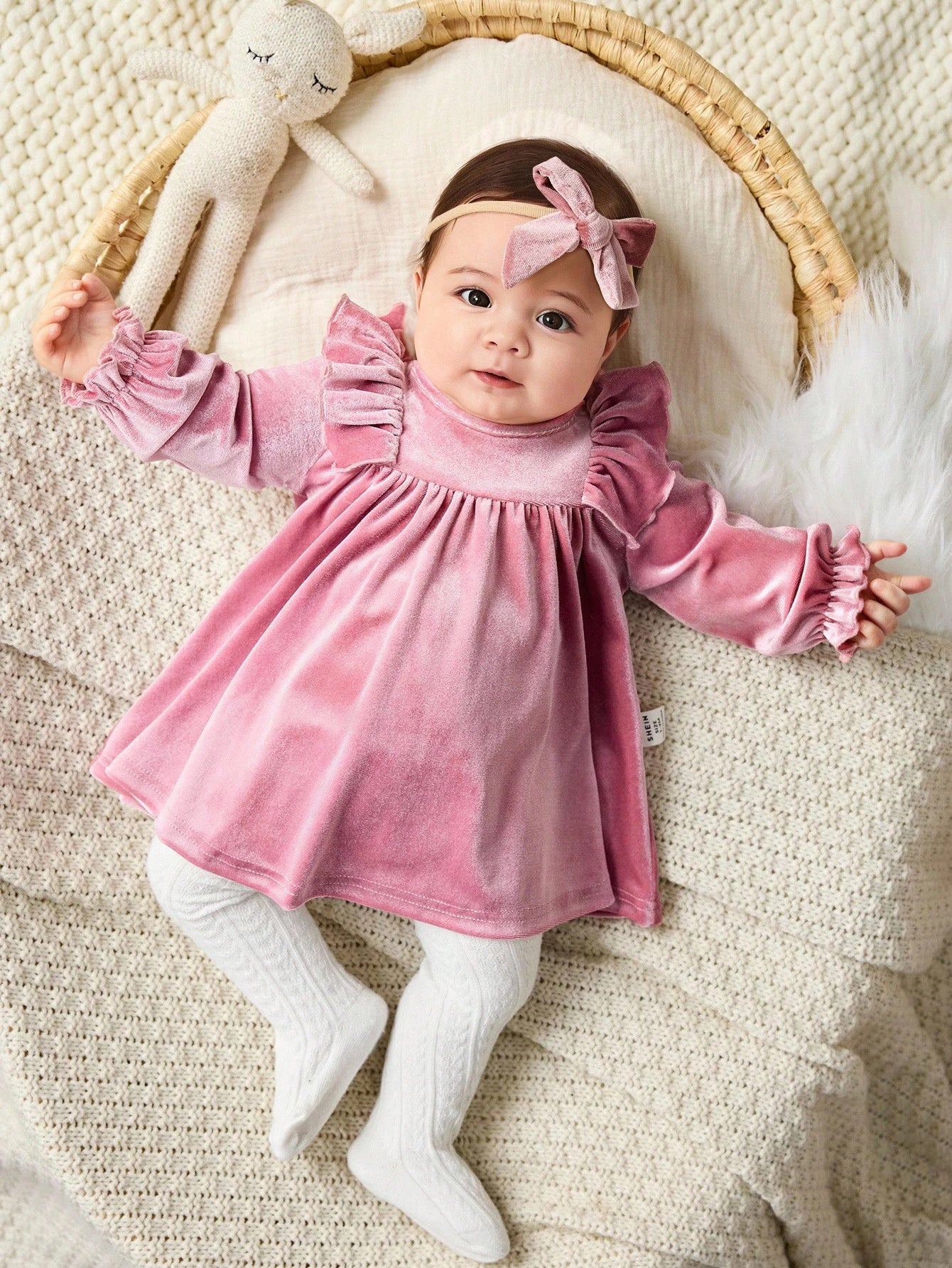 Newborn Baby Girl Elegant Cute Dusty Pink Velvet Ruffle Trim Long Sleeve Dress,Fall Winter Spring Baby Dress For Party Cruise