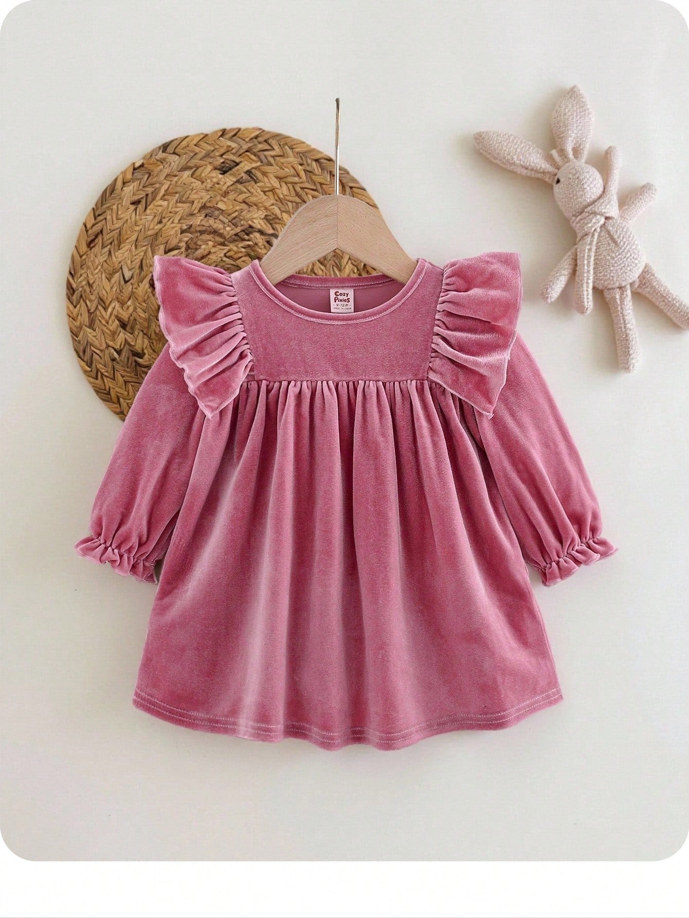 Newborn Baby Girl Elegant Cute Dusty Pink Velvet Ruffle Trim Long Sleeve Dress,Fall Winter Spring Baby Dress For Party Cruise