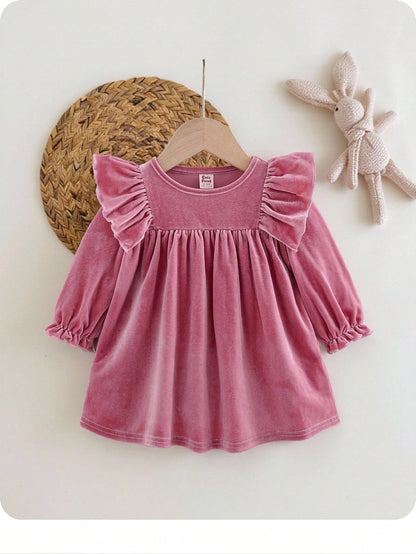 Newborn Baby Girl Elegant Cute Dusty Pink Velvet Ruffle Trim Long Sleeve Dress,Fall Winter Spring Baby Dress For Party Cruise