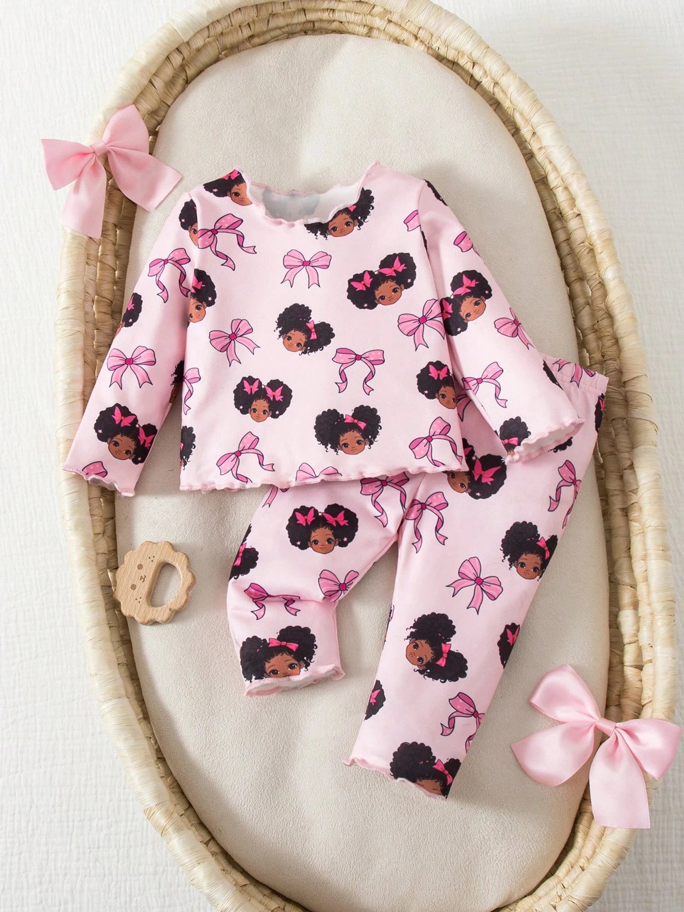 Newborn Baby Girl Outfit With Bow, Graphic Patchwork, Casual Style