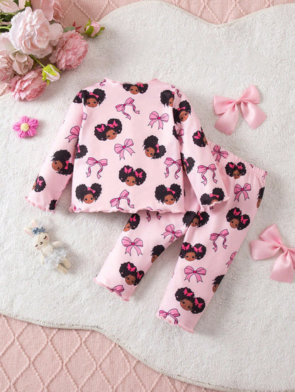 Newborn Baby Girl Outfit With Bow, Graphic Patchwork, Casual Style
