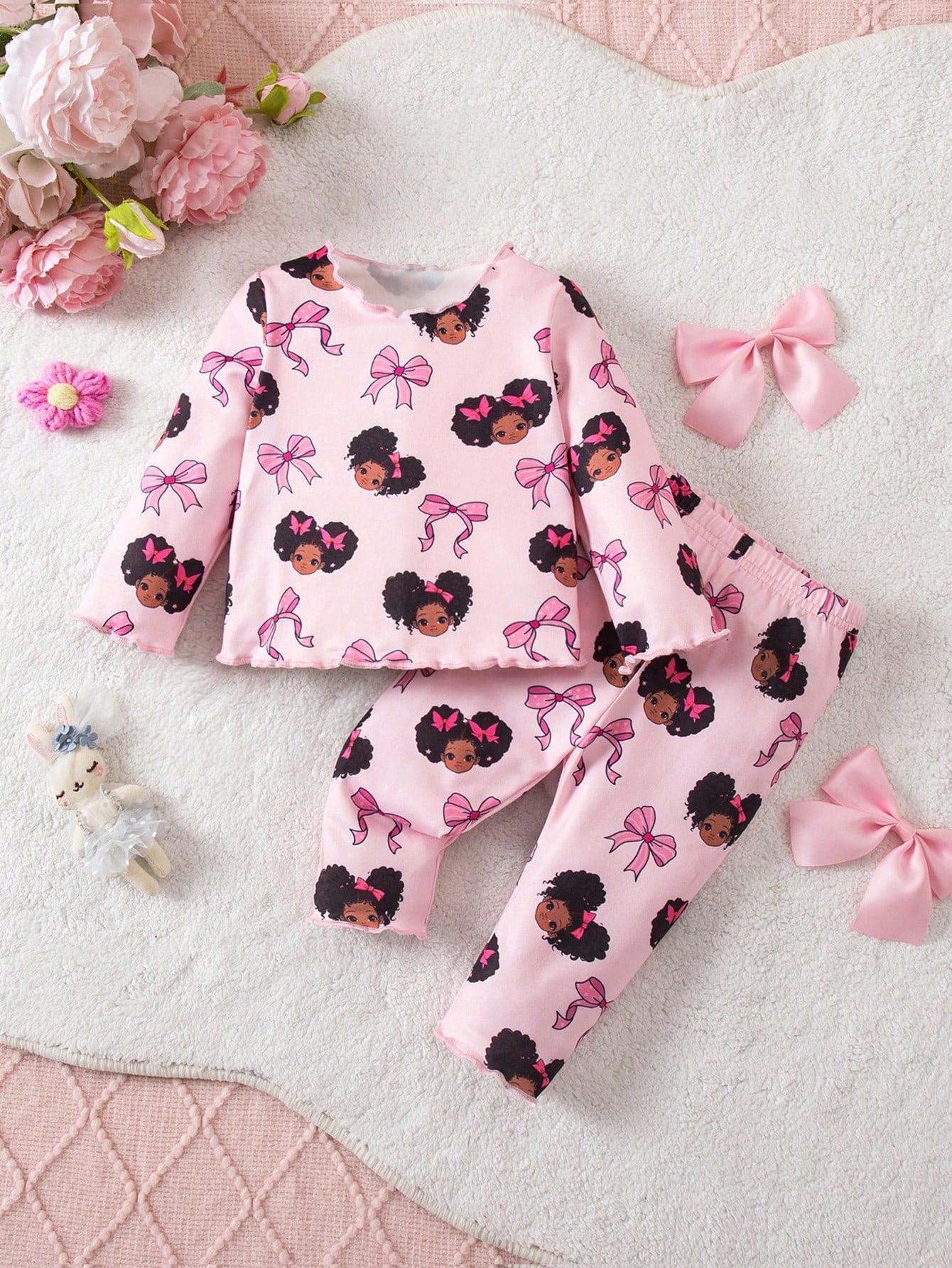 Newborn Baby Girl Outfit With Bow, Graphic Patchwork, Casual Style