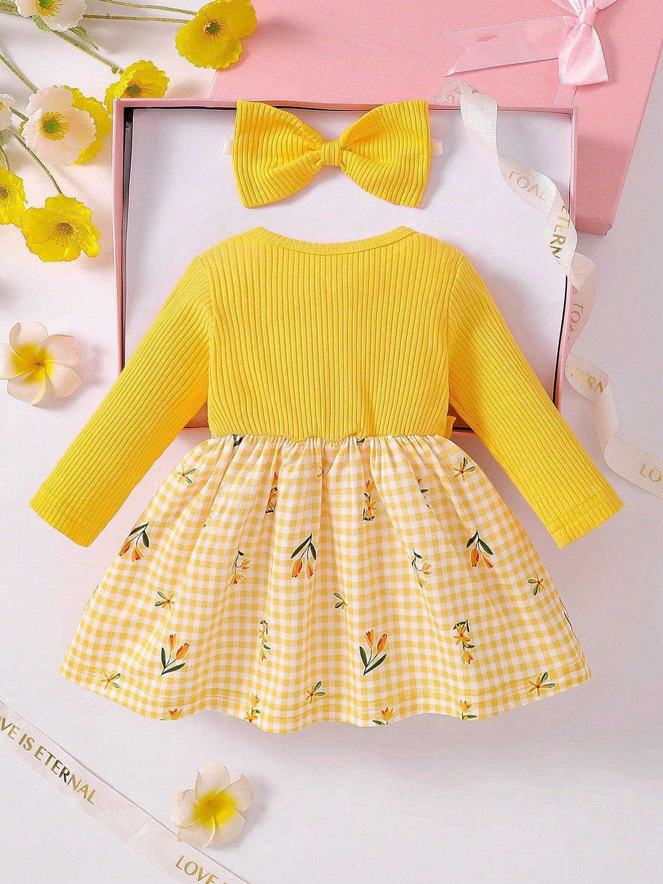 Newborn Baby Girl's Summer Cute Dress&Matching Headband 2 Pieces Set Long Sleeved Floral Clothes