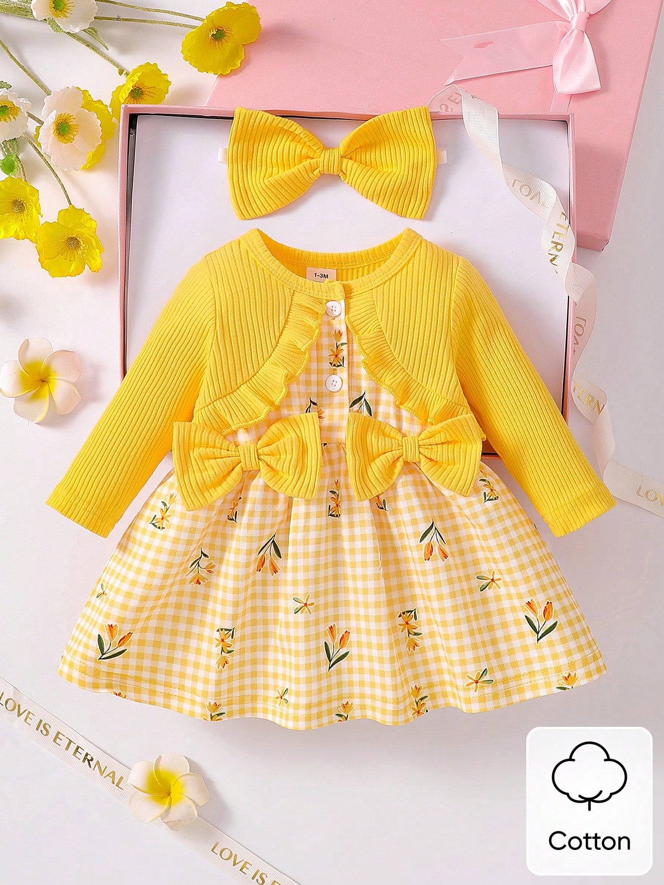 Newborn Baby Girl's Summer Cute Dress&Matching Headband 2 Pieces Set Long Sleeved Floral Clothes