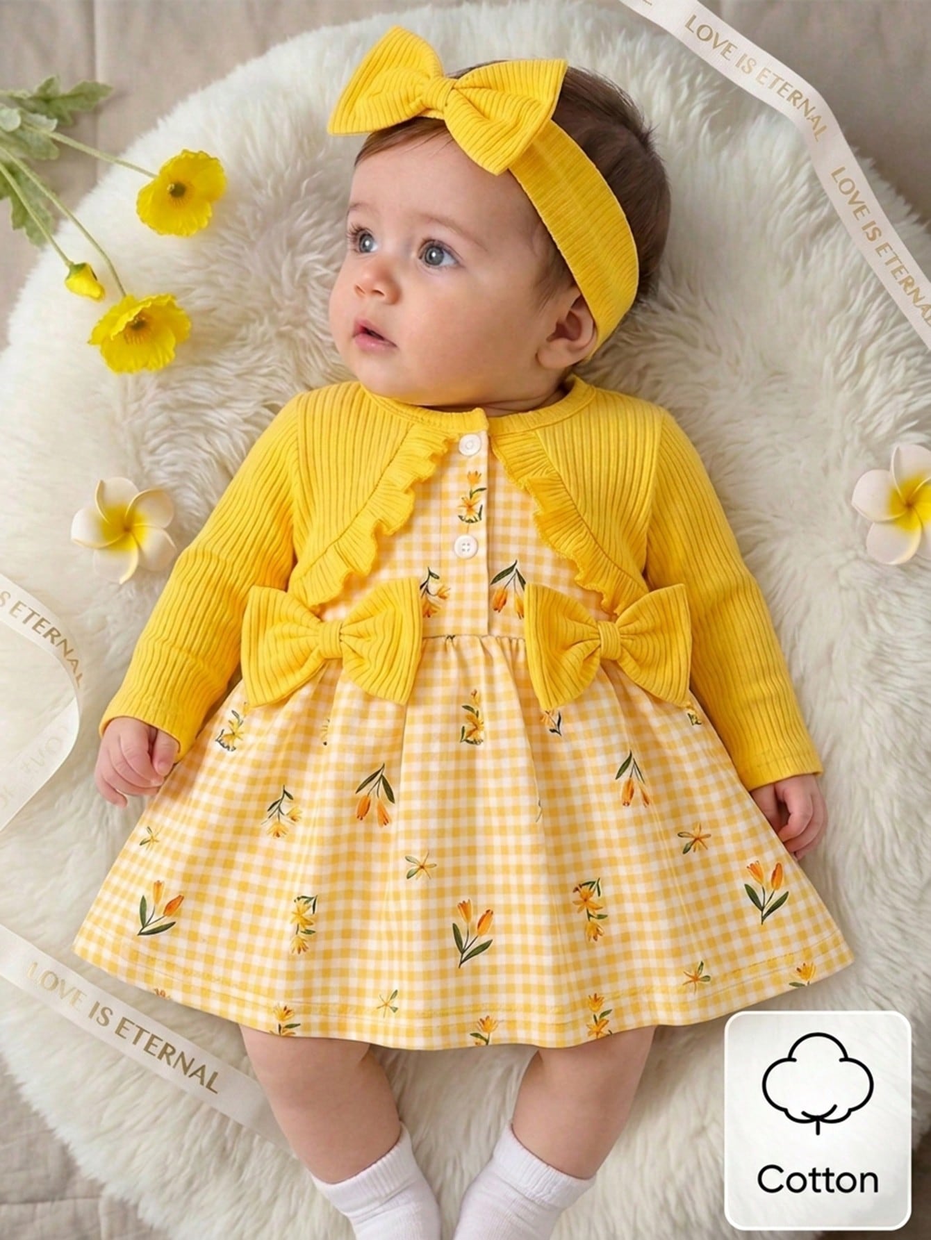 Newborn Baby Girl's Summer Cute Dress&Matching Headband 2 Pieces Set Long Sleeved Floral Clothes