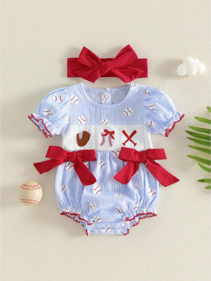 Newborn Baby Girl Short Sleeve Baseball Bubble Romper Striped Jumpsuit With Headband Cute Summer Clothes