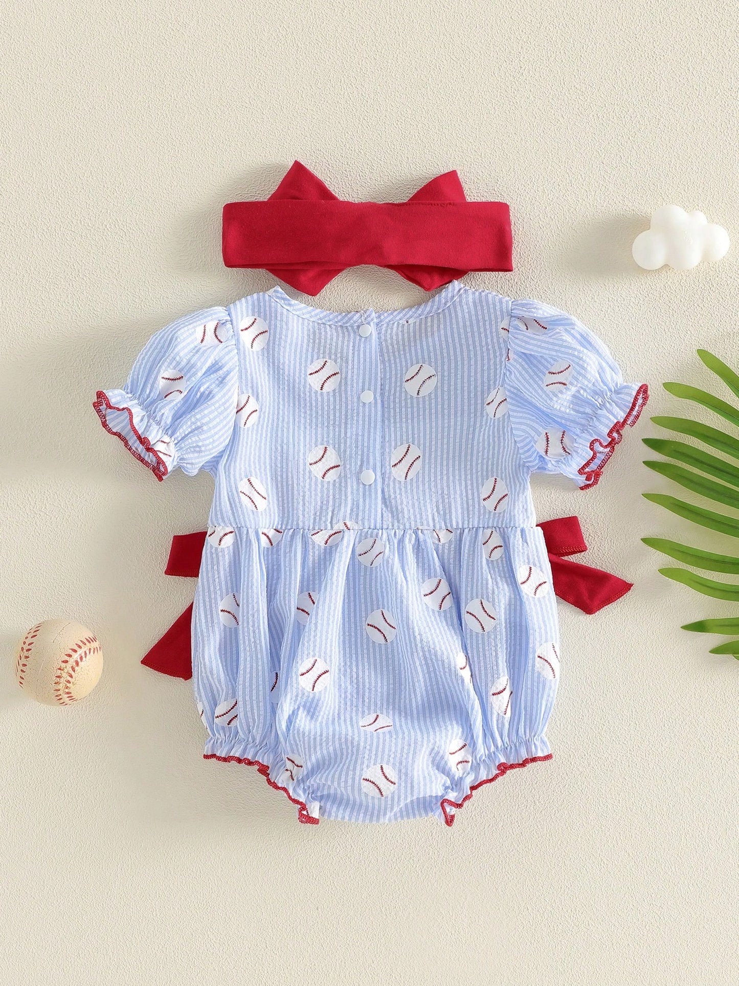 Newborn Baby Girl Short Sleeve Baseball Bubble Romper Striped Jumpsuit With Headband Cute Summer Clothes