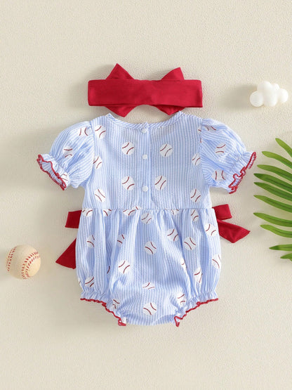 Newborn Baby Girl Short Sleeve Baseball Bubble Romper Striped Jumpsuit With Headband Cute Summer Clothes