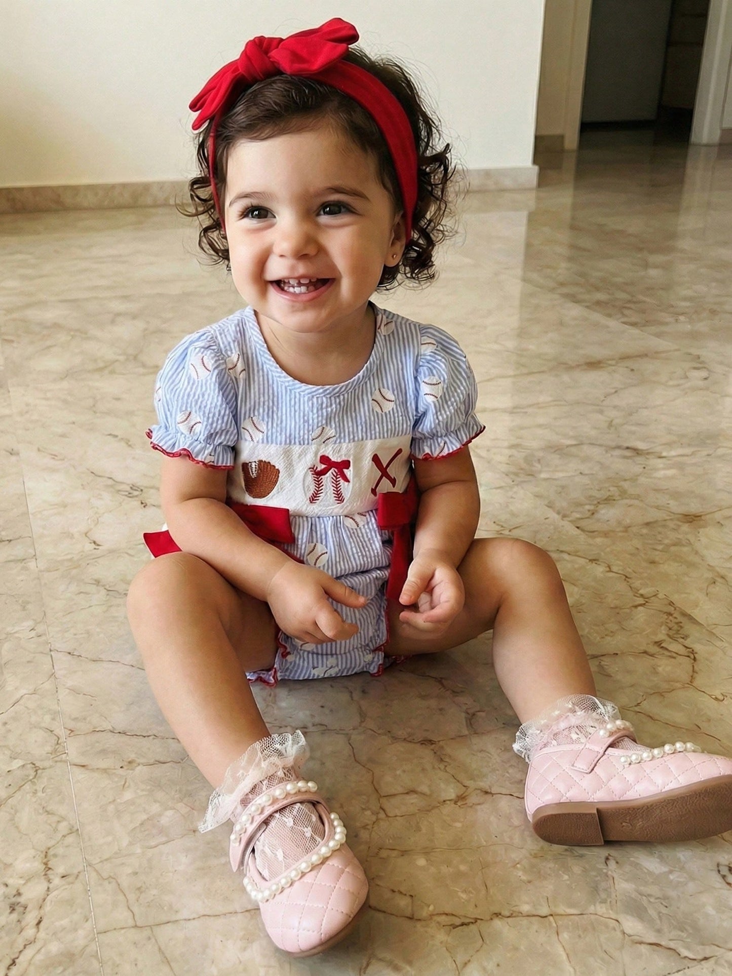 Newborn Baby Girl Short Sleeve Baseball Bubble Romper Striped Jumpsuit With Headband Cute Summer Clothes