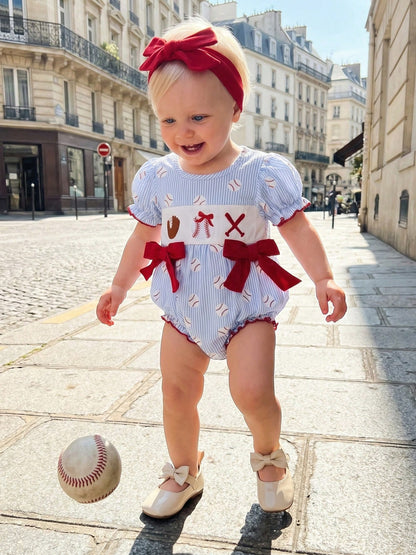 Newborn Baby Girl Short Sleeve Baseball Bubble Romper Striped Jumpsuit With Headband Cute Summer Clothes
