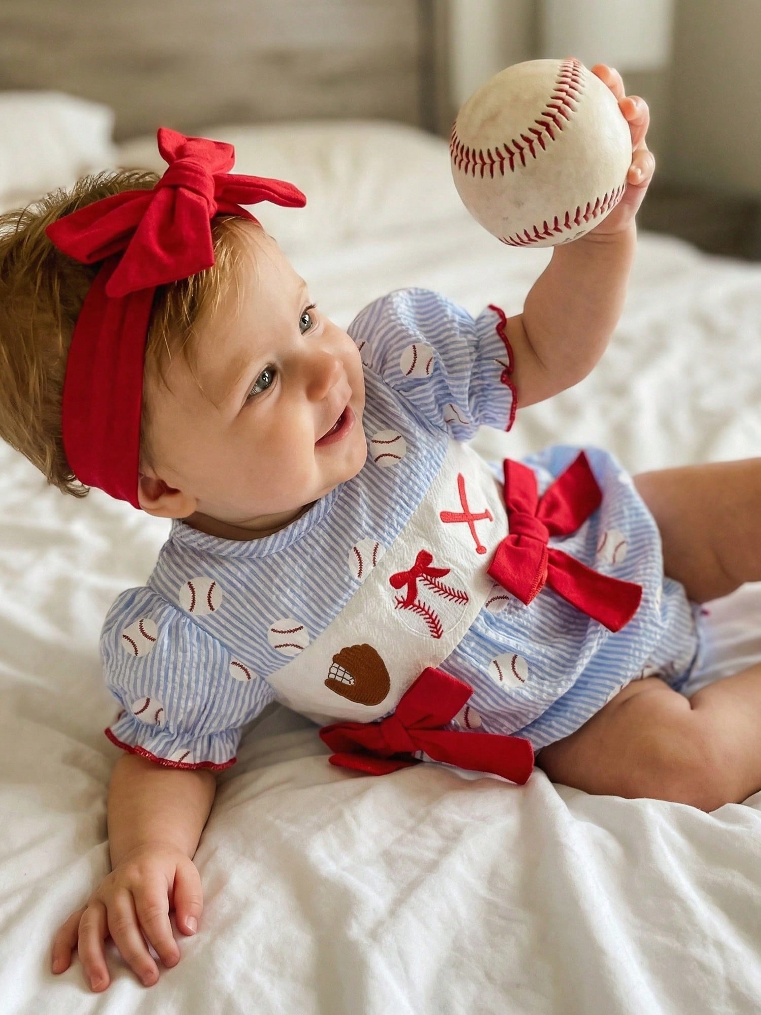 Newborn Baby Girl Short Sleeve Baseball Bubble Romper Striped Jumpsuit With Headband Cute Summer Clothes