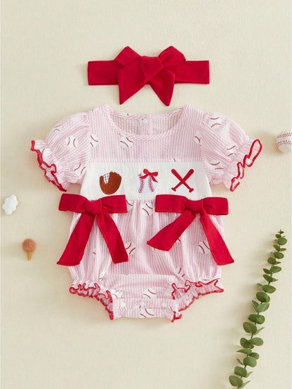 Newborn Baby Girl Short Sleeve Baseball Bubble Romper Striped Jumpsuit With Headband Cute Summer Clothes