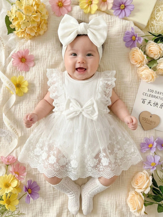 Newborn Baby Girls Summer All White Sweet Princess Lace Bow Floral Embroidery Sleeveless Romper Dress Cute Elegant Christening Baptism Dress Outfit