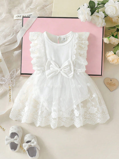 Newborn Baby Girls Summer All White Sweet Princess Lace Bow Floral Embroidery Sleeveless Romper Dress Cute Elegant Christening Baptism Dress Outfit