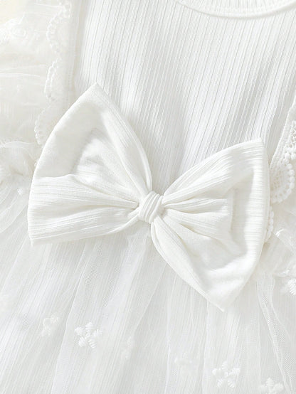 Newborn Baby Girls Summer All White Sweet Princess Lace Bow Floral Embroidery Sleeveless Romper Dress Cute Elegant Christening Baptism Dress Outfit