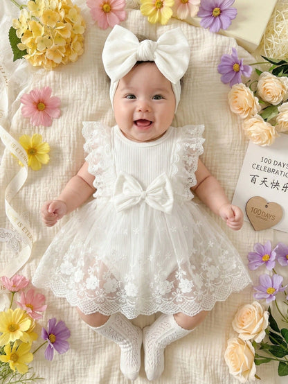 Newborn Baby Girls Summer All White Sweet Princess Lace Bow Floral Embroidery Sleeveless Romper Dress Cute Elegant Christening Baptism Dress Outfit