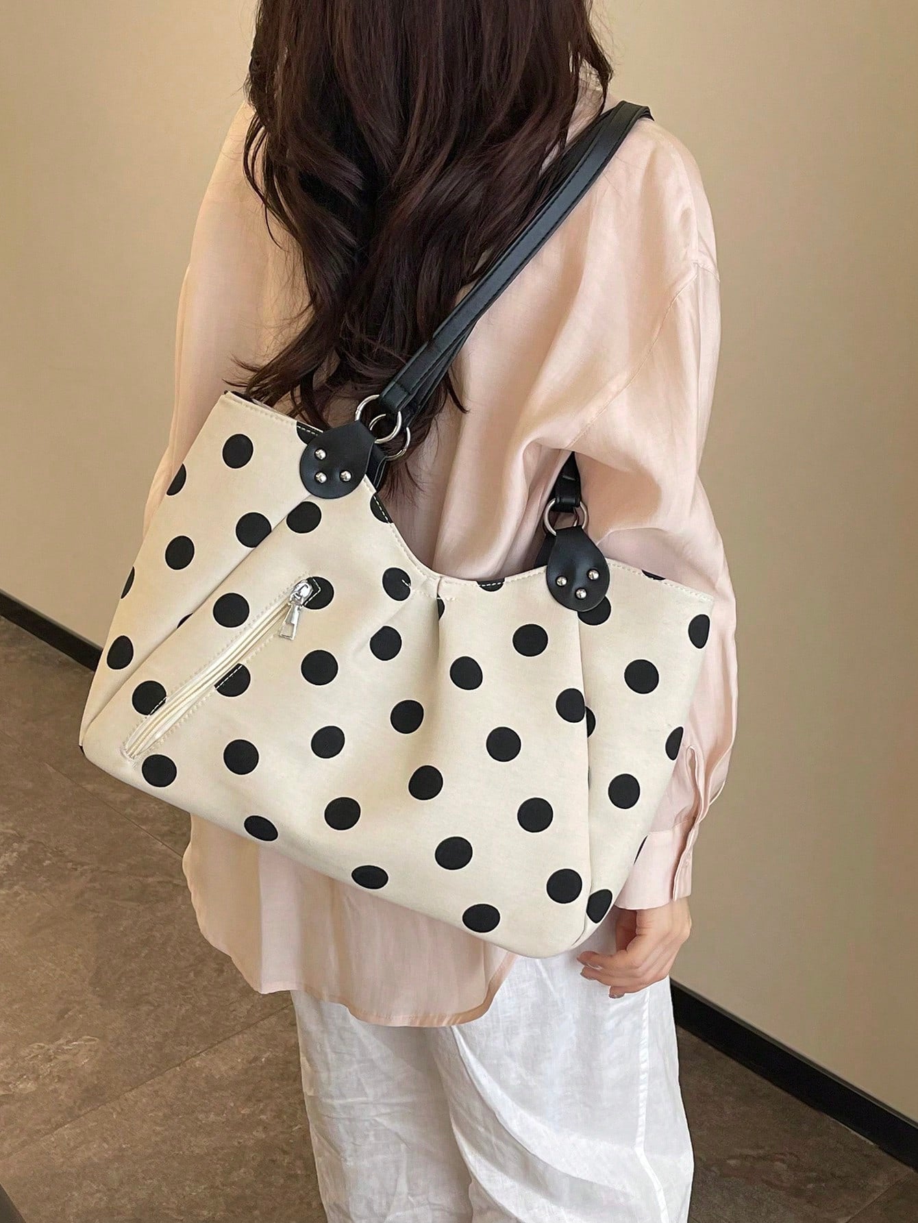Niche Polka Dot Tote Bag For Women, New Casual Large Capacity Shoulder Bag For Students And Commuting
