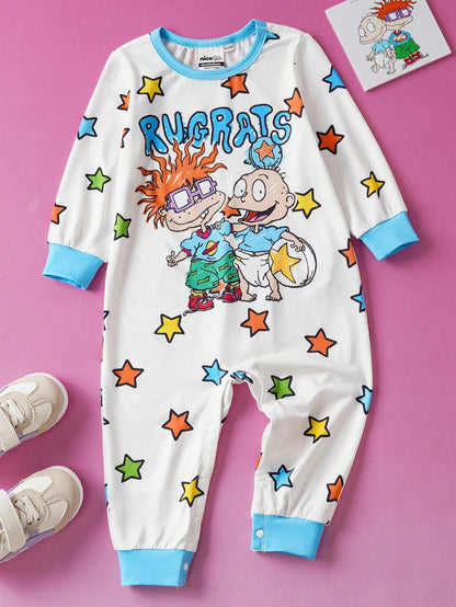 Nick 90s| Baby Boy Cartoon Cute Cartoon Figure Graphic & Colorful Star Print Blue & White Contrast Long Sleeve Jumpsuit, Suitable For Autumn/Winter Fall