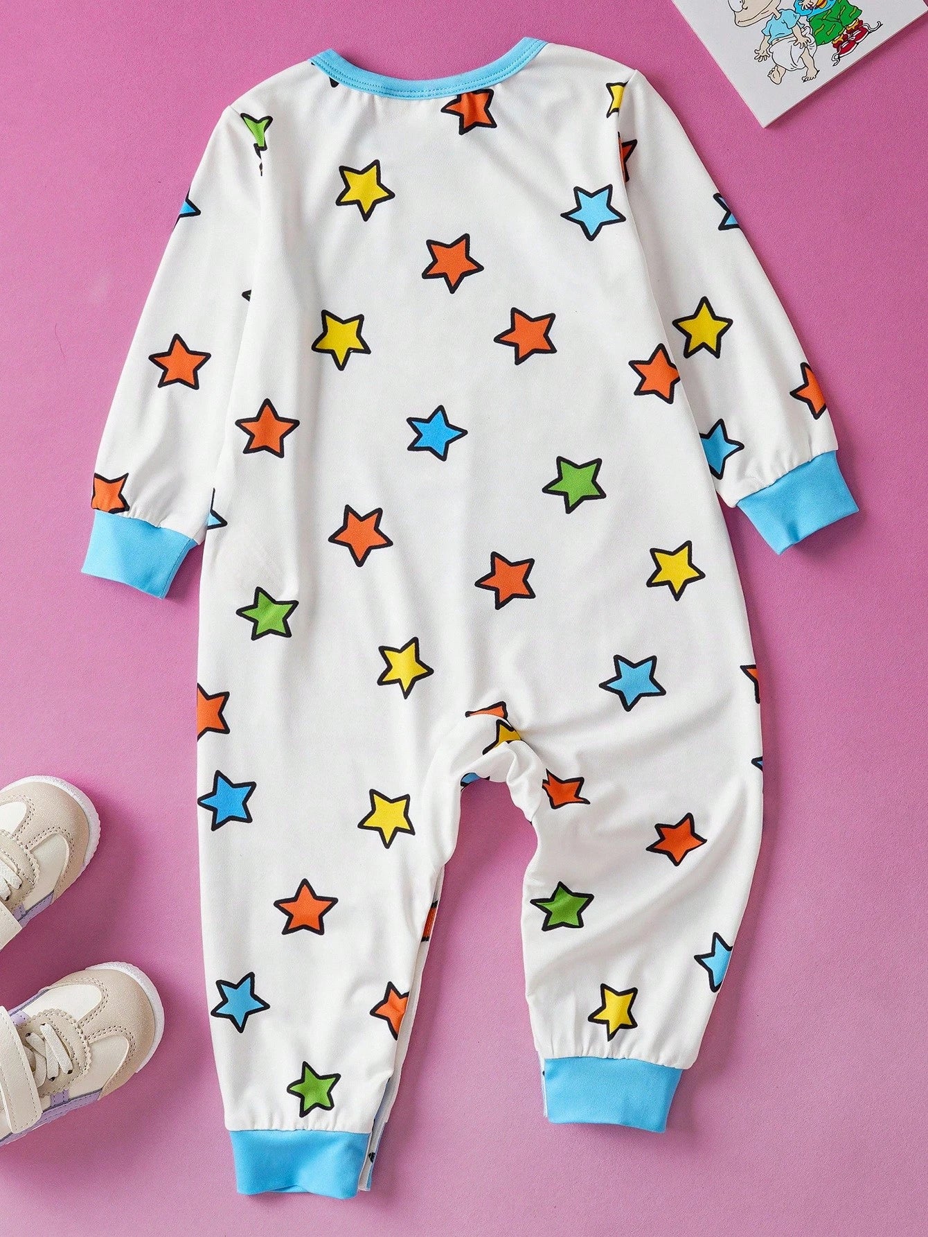 Nick 90s| Baby Boy Cartoon Cute Cartoon Figure Graphic & Colorful Star Print Blue & White Contrast Long Sleeve Jumpsuit, Suitable For Autumn/Winter Fall
