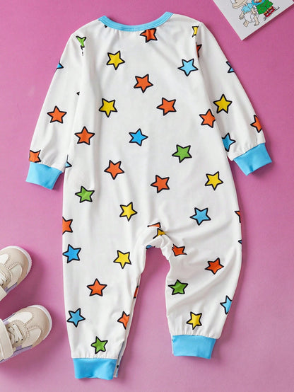 Nick 90s| Baby Boy Cartoon Cute Cartoon Figure Graphic & Colorful Star Print Blue & White Contrast Long Sleeve Jumpsuit, Suitable For Autumn/Winter Fall