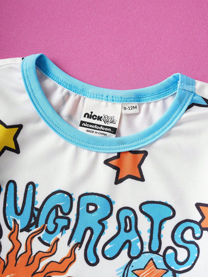 Nick 90s| Baby Boy Cartoon Cute Cartoon Figure Graphic & Colorful Star Print Blue & White Contrast Long Sleeve Jumpsuit, Suitable For Autumn/Winter Fall